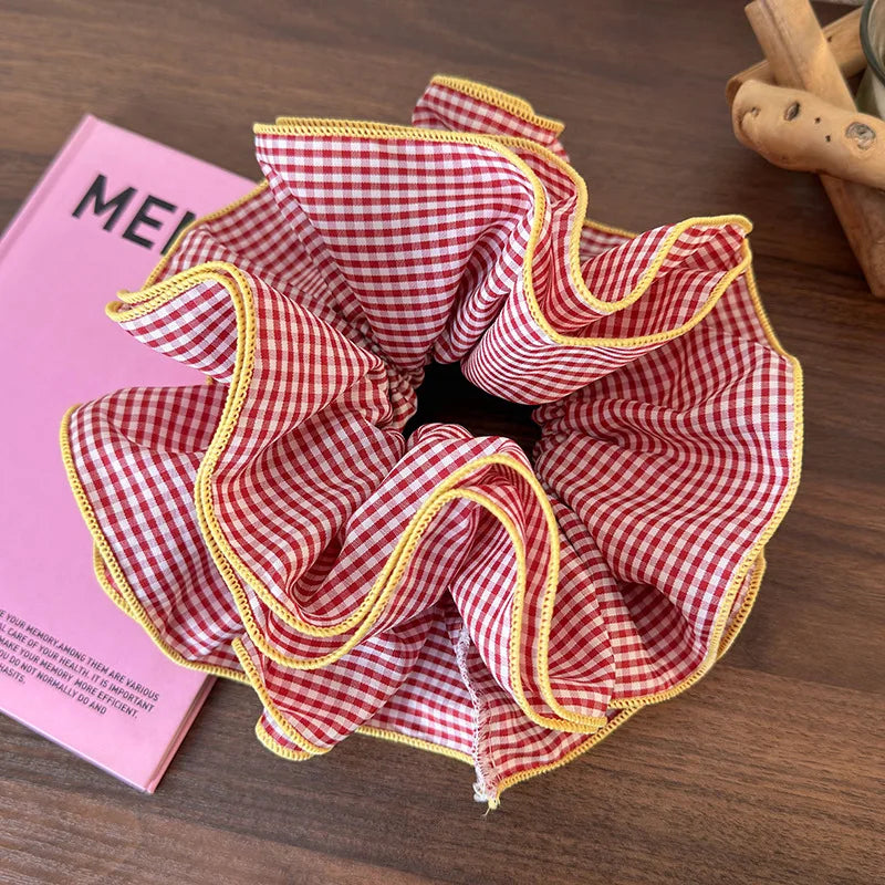 Retro Colorful Lattice Ruffles Hair Scrunchies Headbands for Womens Girls Sweet Romance Hair Rope Rubber Band Hair Accessories