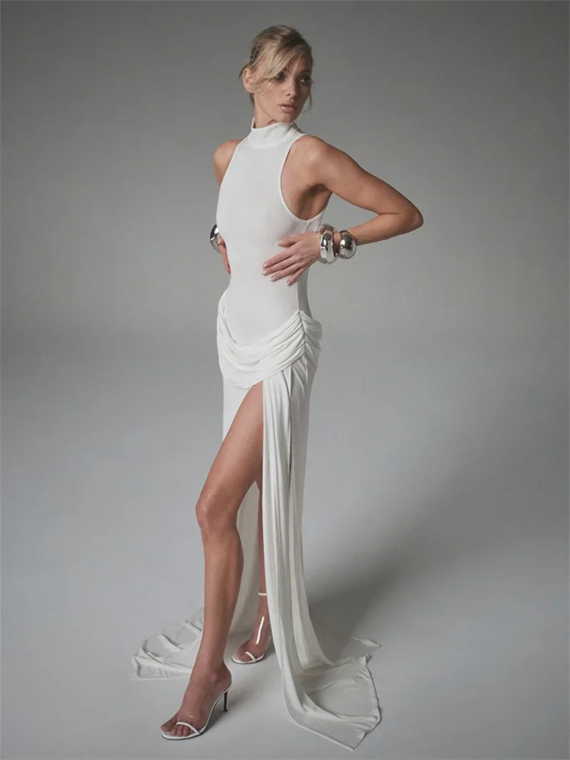 2025 New Turtleneck Off-shoulder Sleeveless Thigh Split High Waist Pleated Maxi Dress for Women Elegant Fashion Club Party Dress
