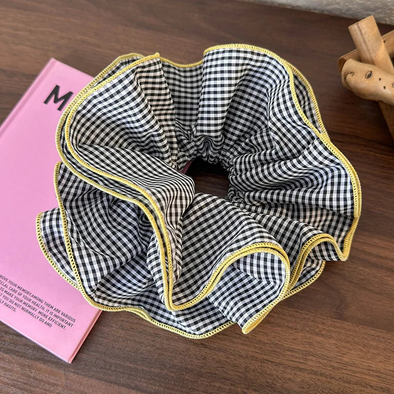 Retro Colorful Lattice Ruffles Hair Scrunchies Headbands for Womens Girls Sweet Romance Hair Rope Rubber Band Hair Accessories