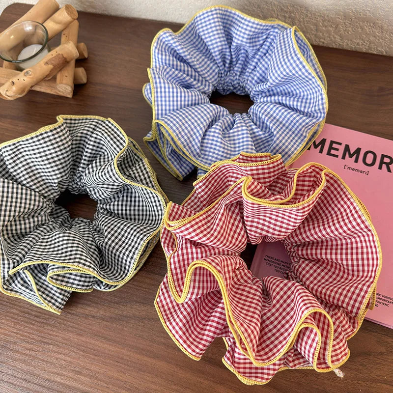 Retro Colorful Lattice Ruffles Hair Scrunchies Headbands for Womens Girls Sweet Romance Hair Rope Rubber Band Hair Accessories