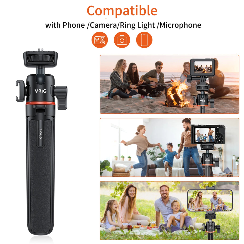 VRIG TP-08 TP-06 Tripod Stand Selfie Stick Aluminum Alloy with 1/4 Inch Screw Cold Shoe Mount 360° Rotatable 1.5kg Load Capacity