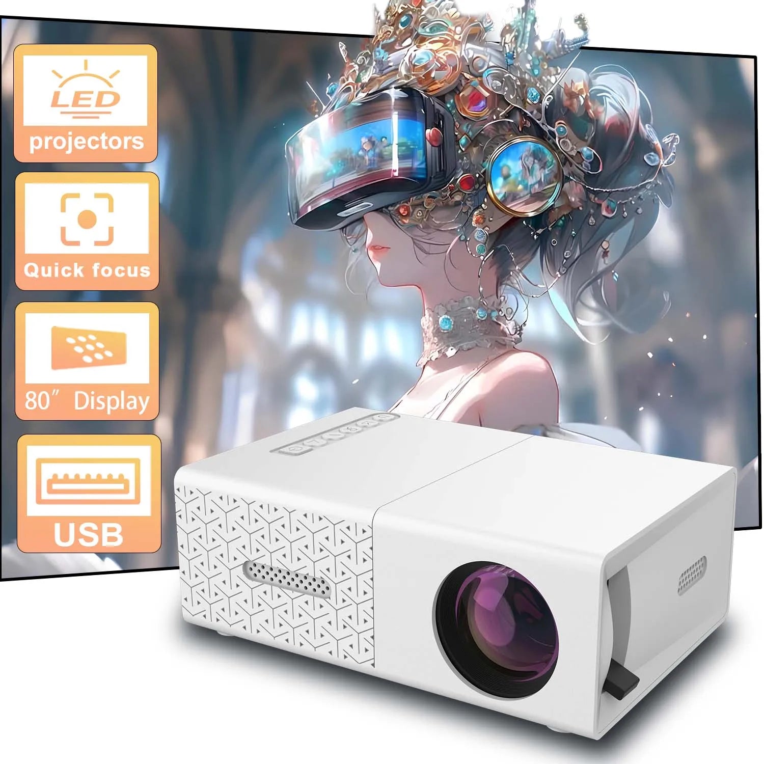 Projector Compact Mini with USB HDMI Ports, Built-in Speaker, EU US Plug Options, Portable for Travel