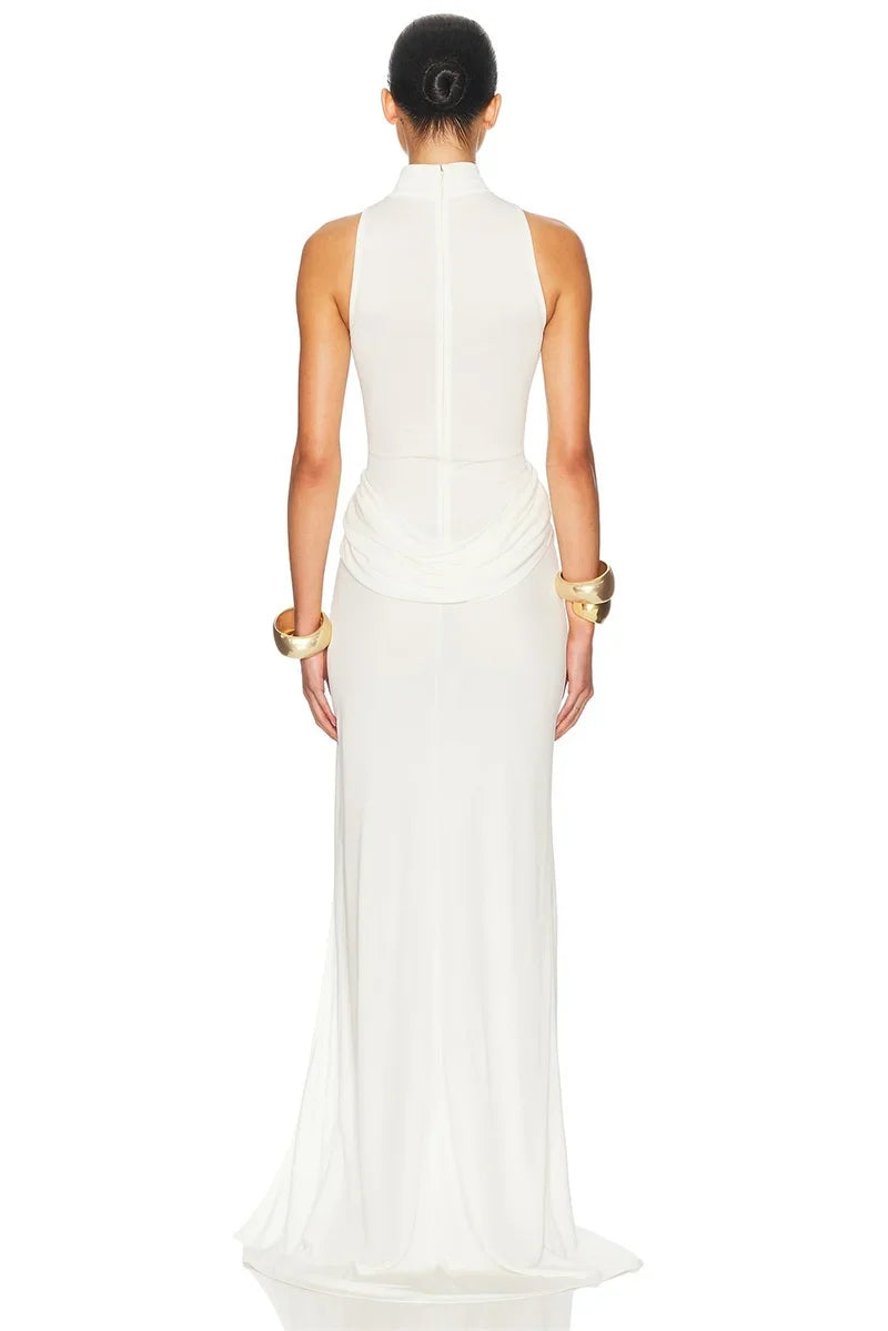 2025 New Turtleneck Off-shoulder Sleeveless Thigh Split High Waist Pleated Maxi Dress for Women Elegant Fashion Club Party Dress