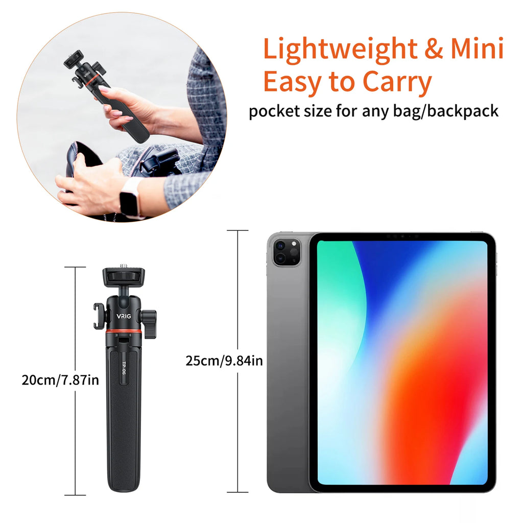 VRIG TP-08 TP-06 Tripod Stand Selfie Stick Aluminum Alloy with 1/4 Inch Screw Cold Shoe Mount 360° Rotatable 1.5kg Load Capacity