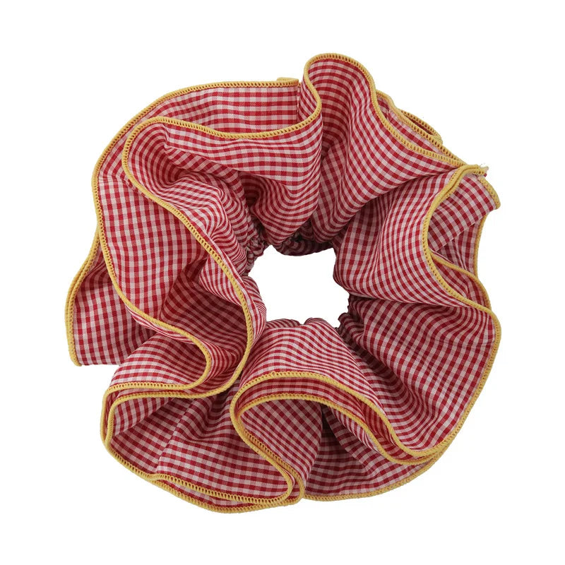 Retro Colorful Lattice Ruffles Hair Scrunchies Headbands for Womens Girls Sweet Romance Hair Rope Rubber Band Hair Accessories