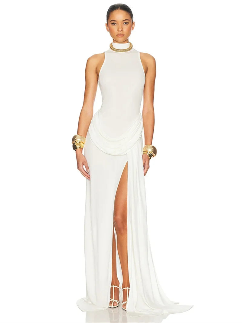 2025 New Turtleneck Off-shoulder Sleeveless Thigh Split High Waist Pleated Maxi Dress for Women Elegant Fashion Club Party Dress
