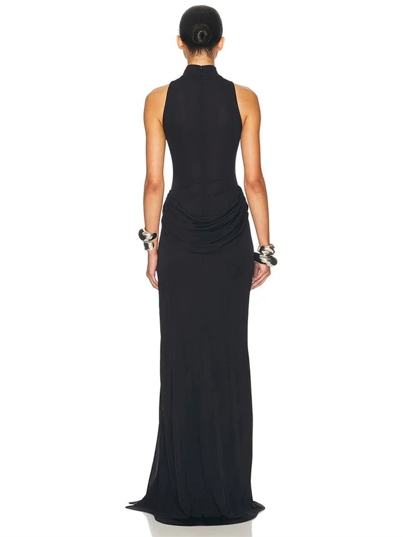2025 New Turtleneck Off-shoulder Sleeveless Thigh Split High Waist Pleated Maxi Dress for Women Elegant Fashion Club Party Dress