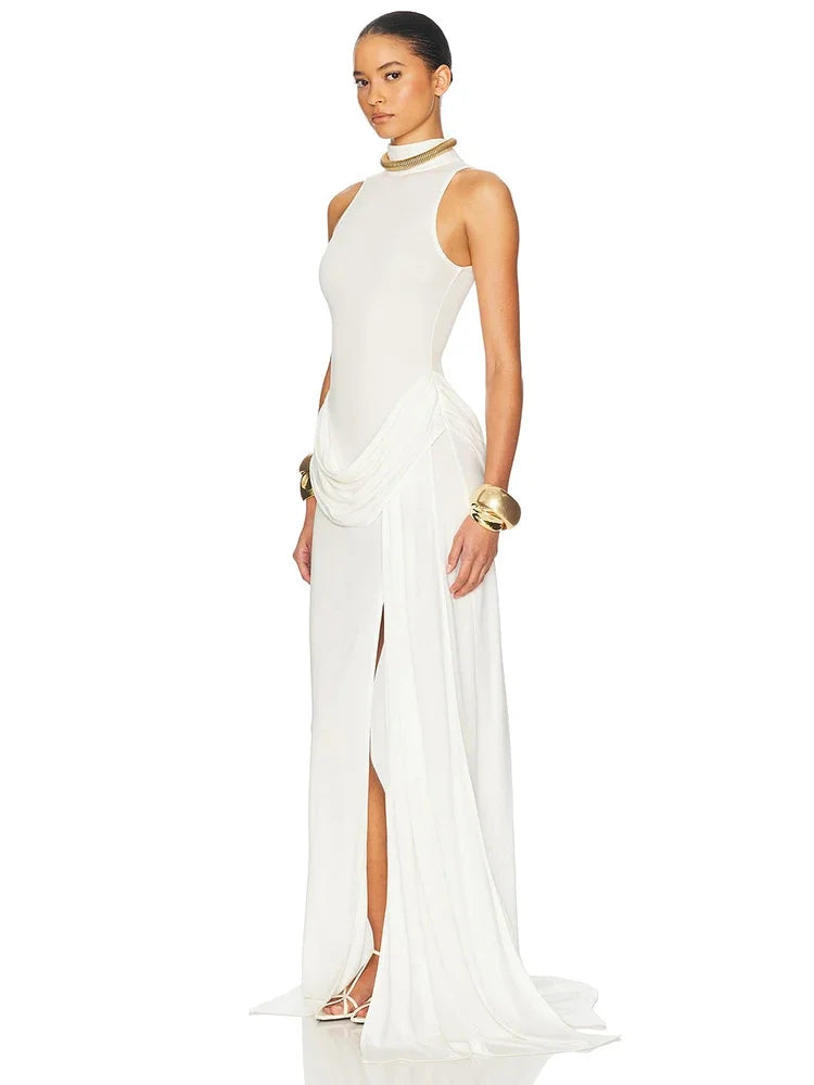 2025 New Turtleneck Off-shoulder Sleeveless Thigh Split High Waist Pleated Maxi Dress for Women Elegant Fashion Club Party Dress