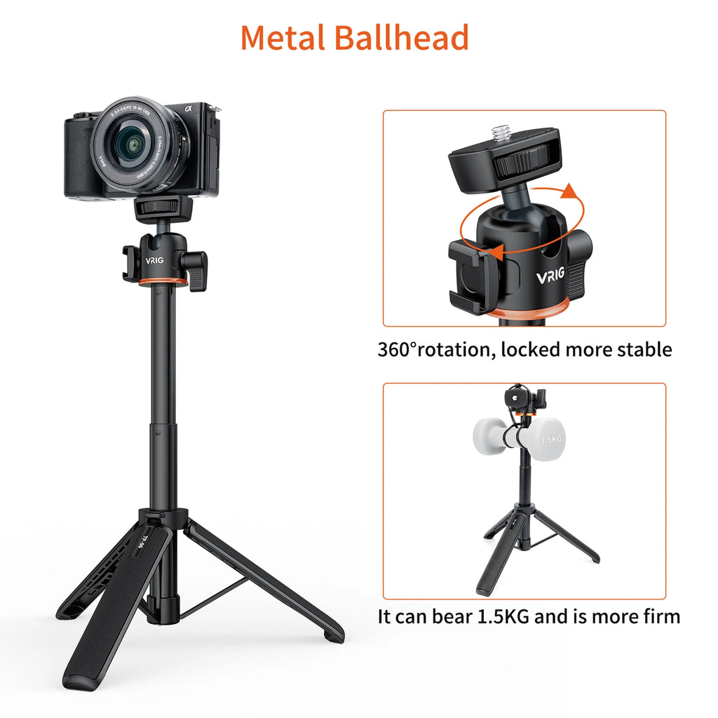 VRIG TP-08 TP-06 Tripod Stand Selfie Stick Aluminum Alloy with 1/4 Inch Screw Cold Shoe Mount 360° Rotatable 1.5kg Load Capacity